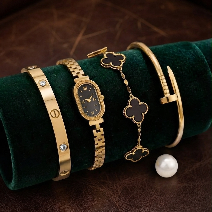 Stainless Steel 4-Piece Bracelet, Watch & Bangle Set