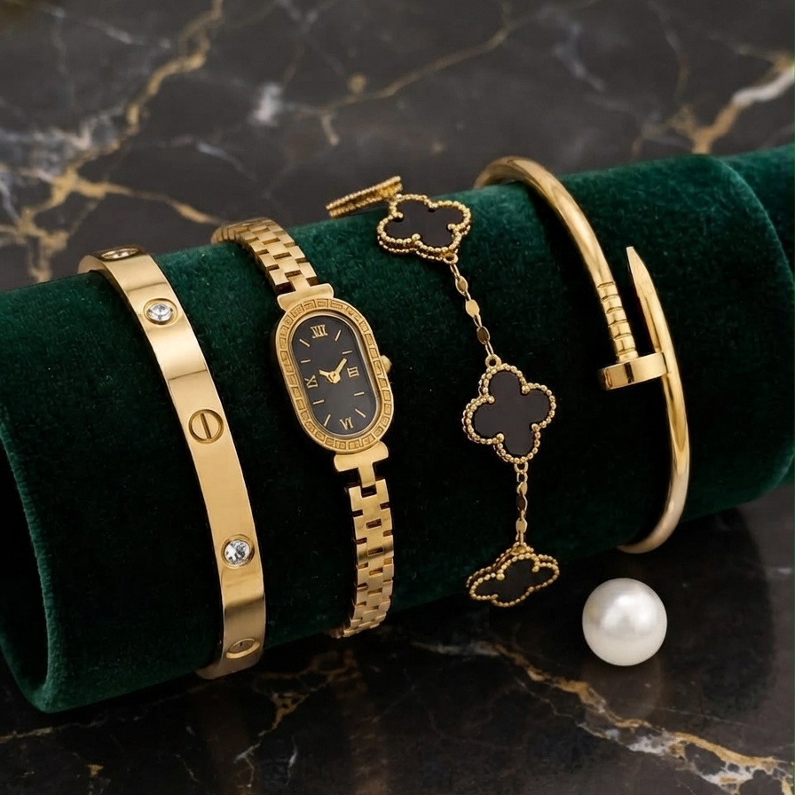 Stainless Steel 4-Piece Bracelet, Watch & Bangle Set