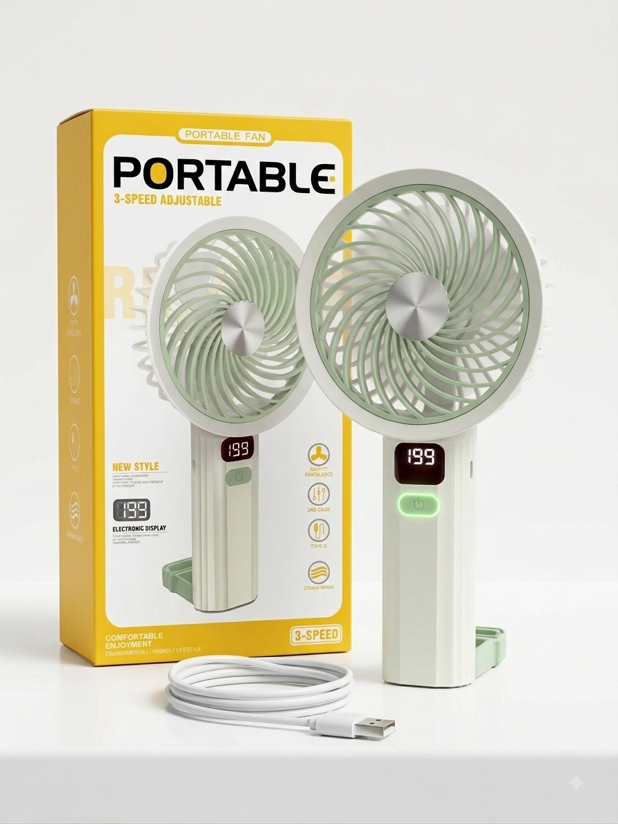 Portable Handheld Turbo Fan – 3-Speed Rechargeable Fan with LED Display